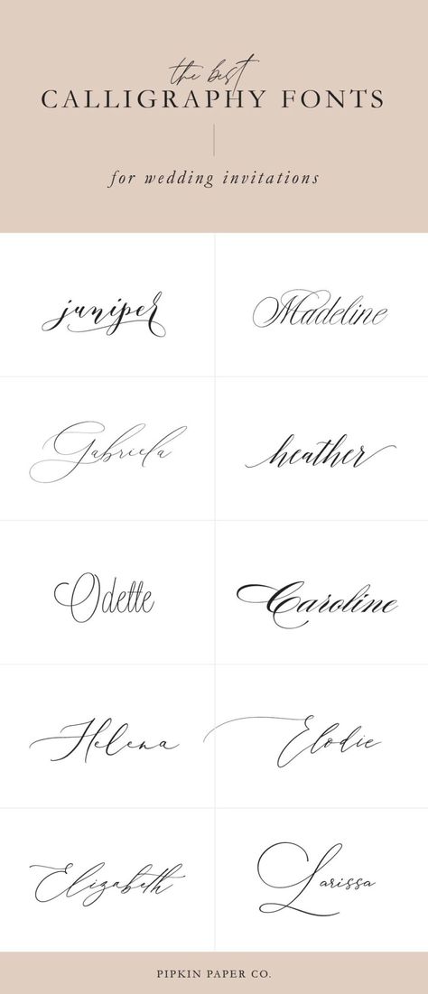 Our most popular calligraphy fonts for wedding invitations. We've tried *a lot* of fonts over the years and these are the best fonts for wedding invitations | Pipkin Paper Co. Best Font For Wedding Invitations, Font Invitation Wedding, Best Free Wedding Fonts, Best Fonts For Wedding Invitations, Wedding Invitations 2022, Wedding Font Pairings, Best Wedding Fonts, Fonts For Wedding Invitations, Wedding Invite Ideas