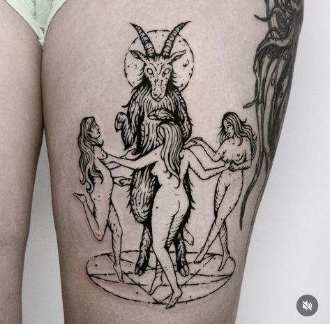 Demonic Tattoos For Women, Sternum Tattoos For Women Unique, Satanic Tattoos For Women, Goatman Tattoo, Bizzare Tattoos, Wouldst Thou Like To Live Deliciously Tattoo, 3 Witches Tattoo, Seance Tattoo, Witches Dancing Tattoo