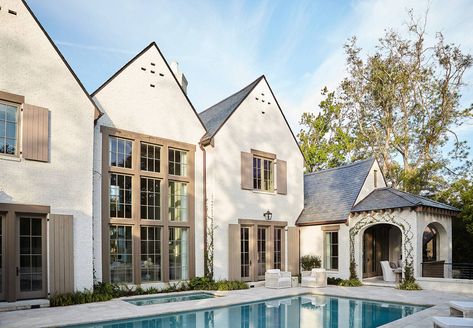 Backyard With Pool, French Country Exterior, Harrison Design, Tudor House, Slate Roof, Countryside House, English Style, Dream House Exterior, English Countryside