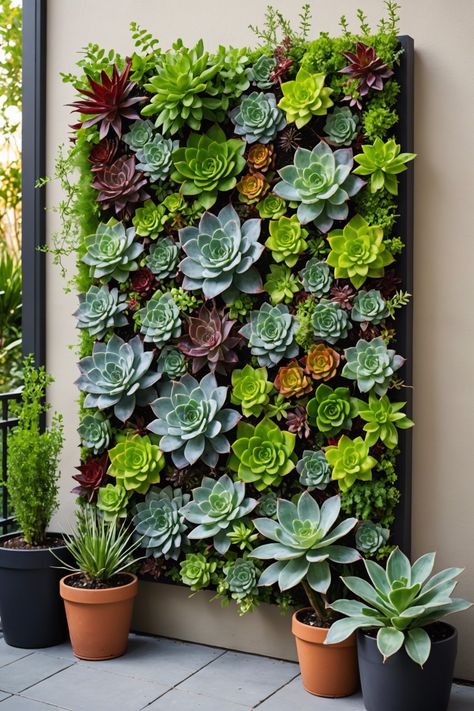 20 Incredible Patio Decorating Ideas For 2024 - Toolz Geek Succulent Vertical Wall, Wall Of Succulents Indoor, Plant Wall Outside, Backyard Wall Decor Ideas, Outdoor Plant Wall Ideas, Vertical Garden Wall Outdoors, Vertical Garden Wall Design, Oasis Balcony, Outdoor Feature Wall