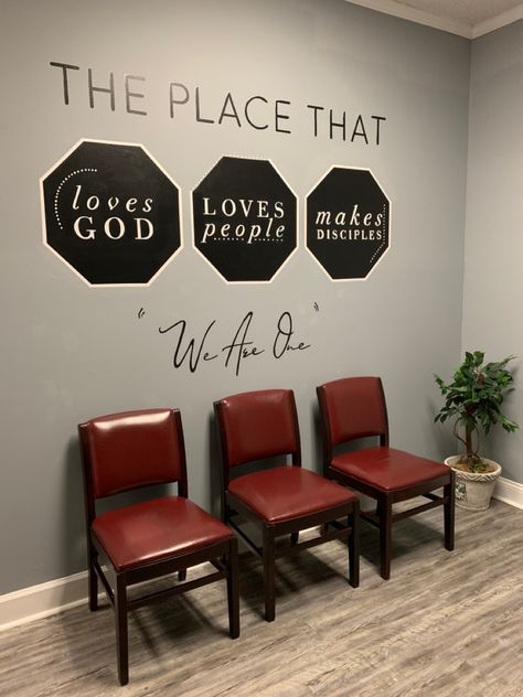 Christian Wall Mural, School Foyer Ideas Entrance, Small Church Lobby Design, Church Entryway Decor Foyers, Church Office Decor, Church Bathroom Decor, Church Hallway Decor, Church Office Decorating Ideas, Church Fellowship Hall Decor