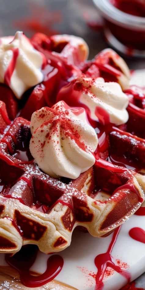 Red Velvet Marble Waffles [20 Minutes] - Chasety Waffles Photography, Waffles With Chocolate, Classic Waffle Recipe, Red Velvet Waffles, Cream Cheese Glaze, Brunch Recipe, Food Therapy, Cream Cheese Icing, Red Food