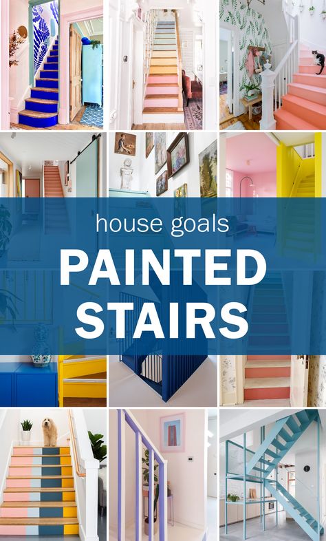 Add color to to your home with these painted stairs! Painting your stairs is a great way to transform your space. From yellow, pink, blue, to rainbow and more, these painted stairs are house goals. Colorful Stair Risers, Coloured Stairs Ideas, Painted Open Staircase, Painted Stripes On Stairs, Stairs Color Ideas Paint, Pink Stair Risers, Painted Wooden Stairs Ideas, Colourful Stairs Ideas, Quirky Staircase Ideas