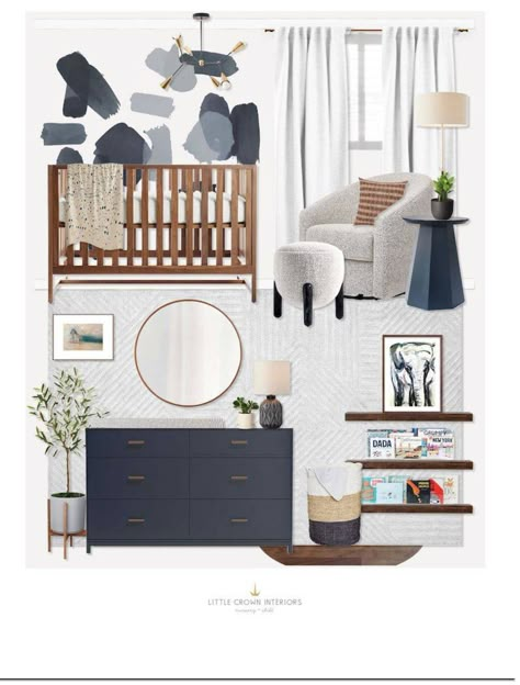 Navy Accent Nursery, Nursery With Blue Crib, Nursery With Navy Accents, Navy And Wood Nursery, Navy Grey Nursery, Grey And Natural Wood Nursery, Dark Grey Crib Nursery, Nursery With Walnut Crib, Nursery With Dark Wood Crib