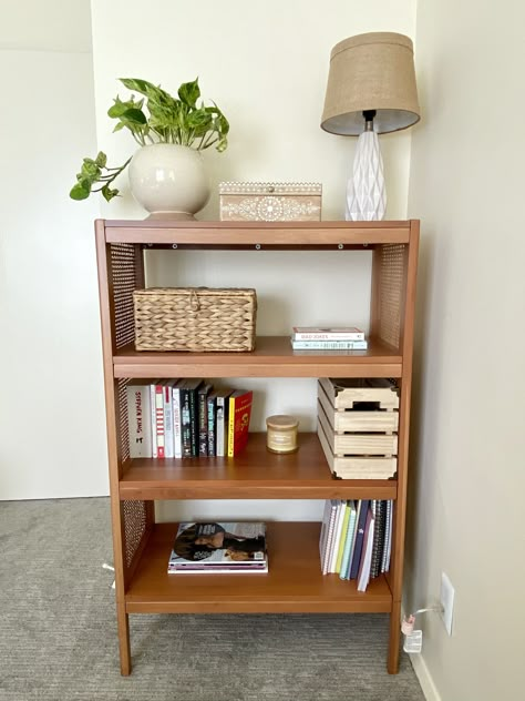 Bookshelf As Nightstand, Bookshelf Nightstands, Night Stand Bookshelf, Bedroom Ideas Bookshelves, Honolulu Apartment, Arranging Bookshelves, Home Library Rooms, Book Furniture, Wooden Bedroom