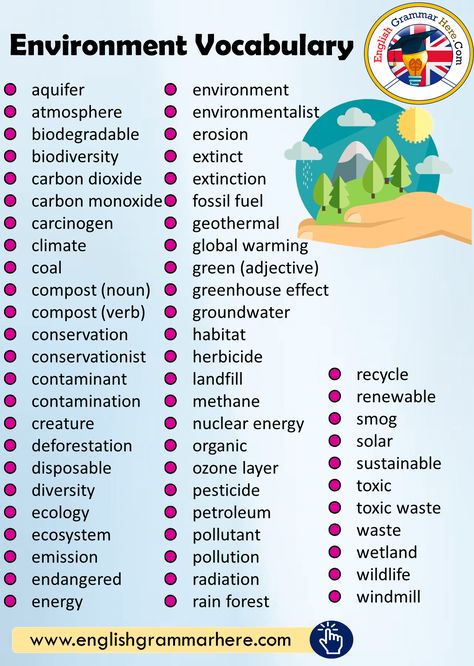 Environment Vocabulary List - English Grammar Here Environment Vocabulary English, Vocabulary Book Ideas, Education Vocabulary, Informal Words, Ielts Vocabulary, Words List, Science Vocabulary, Vocabulary English, Ielts Writing