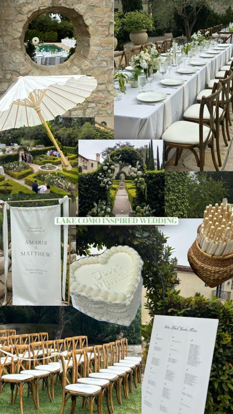 Wedding day mood board | Italy inspired wedding | wedding day welcome sign | wedding day cake | white heart shaped wedding day cake | just married cake | umbrella ceremony | ceremony bows | ceremony chairs | seating chart | garden wedding | lake como | Italy | wedding day | all white wedding florals | White Wedding Umbrella, Italian Garden Theme Wedding, Lake Como Inspired Wedding, Upscale Garden Wedding, European Garden Wedding Aesthetic, Vintage Italian Wedding Decor, Seating Chart Garden Wedding, Italian Wedding Details, Summer 2025 Wedding