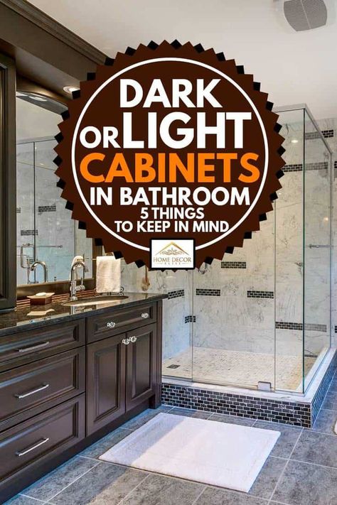 Bathroom Remodel With Brown Cabinets, Bathroom Colors With Dark Cabinets, Dark Vanity Countertop Bathroom, Bathroom With Dark Vanity Ideas, Dark Wood Bathroom Cabinets Master Bath, Bathroom Cabinet Colors With Dark Floors, Bathroom Dark Brown Vanity, Dark Bathroom Cabinets Espresso, Bathroom Dark Grey Cabinets