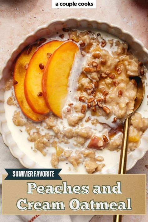 This easy peaches and cream oatmeal is a cozy, comforting breakfast that tastes like pie! It’s one of our favorite easy breakfast ideas, made with fresh or frozen peaches, maple, vanilla, and cinnamon. Peach oatmeal for the win! Fruit Oatmeal Recipes, Oatmeal And Fruit Breakfast, Oatmeal For One Person, Oatmeal With Fresh Fruit, Peach Cobbler Breakfast, Creamy Oatmeal Recipes, Peach Breakfast Recipes, Peach Cobbler Oatmeal, Peaches Oatmeal