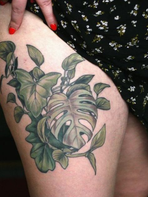 Color Plant Tattoo, Plant Tatoos, Monstera Deliciosa Tattoo, Monstera Tattoo, Blatt Tattoos, Botanisches Tattoo, Plant Sleeve, Plants Tattoo, Plant Tattoos