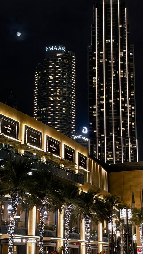 Palmtrees with lights on them by night. With a big moon, coming through the skyscrapers. Dubai Downtown Night, Dubai In Winter, Dubai Winter, Dark Luxury Aesthetic, Luxury Mall, Museum Movie, Dubai Downtown, Private Airport, Dark Luxury