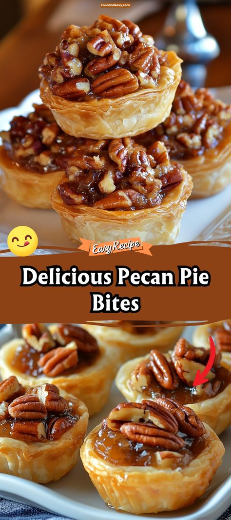 Pecan Pie Bites via @recipesforfamily12 Pecan Pie Bark, Pecan Pie Bites, Pecan Filling, Mini Pecan Pies, Pecan Pie Cheesecake, Pie Bites, Mini Treats, Pecan Pie Recipe, Flaky Crust