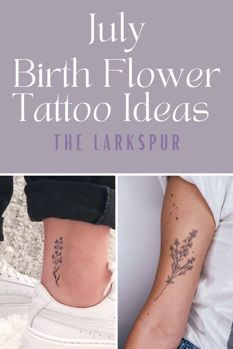 July Birth Flower Tattoos {The Larkspur} - TattooGlee Small July Flower Tattoo, July Wildflower Tattoo, Tiny Larkspur Tattoo, Flower For July Birth Tattoo, Flower Tattoo Larkspur, July Birthday Flower Tattoo, July Birth Flower Tattoo Ideas, July Birth Flowers Tattoo, July Birth Month Tattoo