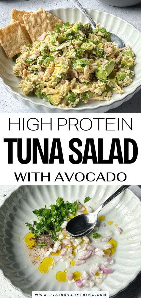 High Protein Healthy Tuna Salad With Avocado Tuna Salad Salad Recipe, Keto Tuna, Tuna Recipes Lunch, Tuna Healthy Salad, Tuna Lunch Recipes, Protein Tuna Recipes, Tuna Meal Prep Ideas, Keto Tuna Recipes, Tuna Keto Recipes