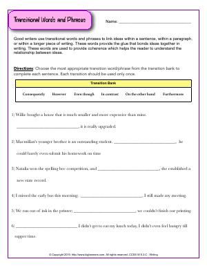 Worksheet | Transitional Words and Phrases | Choose the most appropriate transition word/phrase from the transition bank to complete each sentence. Transitional Words Worksheet, Transition Words Worksheet, Transitional Words, 5th Grade Worksheets, Words Worksheet, Transition Words, My Blessings, Reading Lessons, Words And Phrases