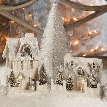 Natural & Neutral French Christmas Decor Shopping Guide Christmas Putz Houses, Glitter House, Christmas Village Sets, Cardboard Houses, Putz House, Bethany Lowe Designs, Christmas Village Houses, Christmas Houses, Pressed Paper