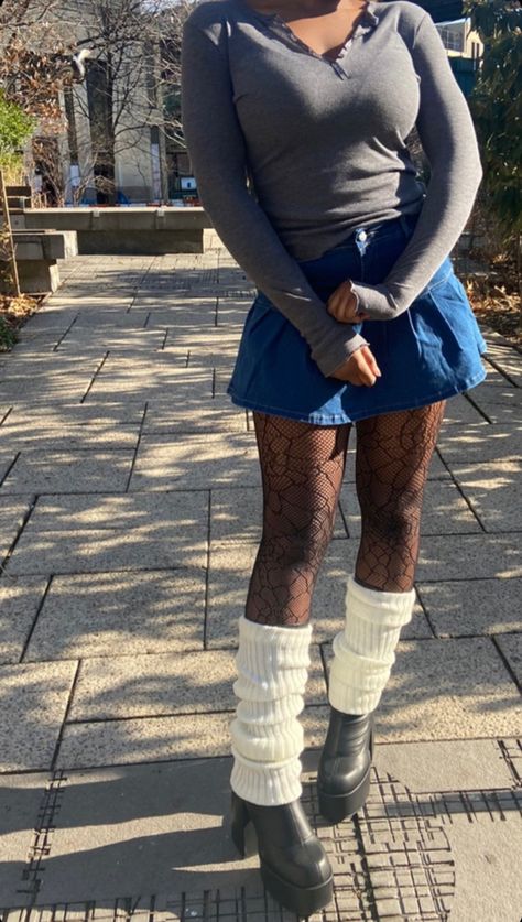 Black women | Style Inspo | Winter Denim Skirt Outfit Leg Warmers, Slouch Leg Warmers, Sweater Outfits With Boots, Jean Skirt And Leg Warmers, Leg Warmers With Jeans, Slouch Socks Outfit, Outfits Leg Warmers, Socks Over Leggings Outfit, Deb Smikle