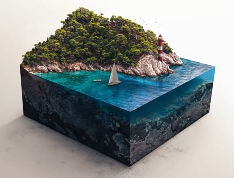 Benny Production, Island Cake, Micro World, نباتات منزلية, Diorama Ideas, 3d Printing Diy, Isometric Art, Quirky Decor, Garden Terrarium