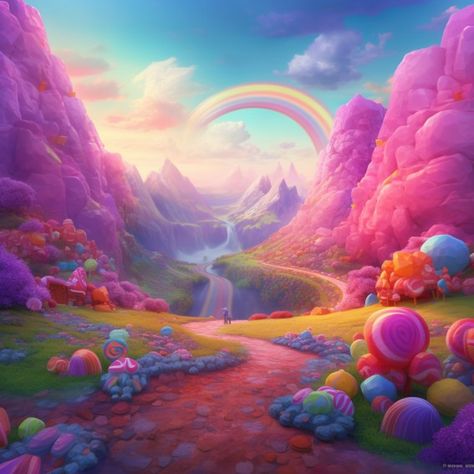 Candy Kingdom, Candy World, Rainbow City, Candy Art, Fantasy Paintings, Fantasy Places, Art Landscapes, Fantasy Art Landscapes, Dreamy Art