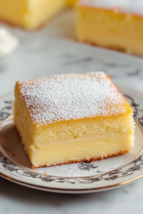 Lemon Magic Cake, Magic Custard Pie, Lemon Custard Cake Recipe, Princess Cake Recipe, Lemon Custard Cake, Custard Cakes, Vanilla Custard Cake, Magic Cake Recipes, Magic Custard Cake