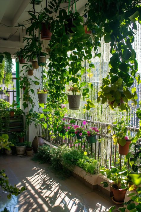 30 Balcony Garden Ideas: From Bare Balcony to Green Oasis Veranda Garden Ideas, Varanda Design, Veranda Decor, Urban Gardening Balcony, Veranda Garden, Beautiful Balcony, Hanging Plants Outdoor, Apartment Balcony Garden, Balkon Decor