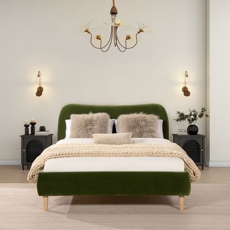 Green Bed Frame, Olive Green Bed, Green Velvet Bed, Upholstered Platform Bed King, Curved Bed Frame, Upholstered Platform Bed Queen, Green Headboard, Green Bed, Platform Bed Designs