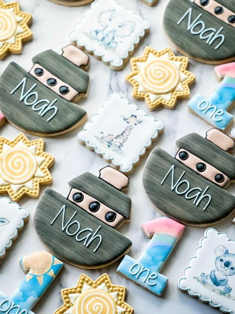 Noah's Ark Cookies, Noah’s Ark 1st Birthday, Noah’s Ark 1st Birthday Party, Noah’s Ark Cookies, Noah's Ark Birthday Party Ideas, Noah’s Ark Themed Birthday Party, Baby Shower Ideas Neutral, Camp Cookies, Baby Boy Birthday Decoration