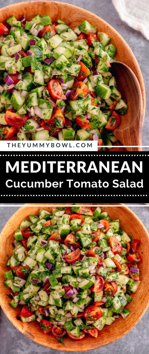 This Mediterranean Cucumber Salad is the best side salad to pair with any main dish. Its refreshing flavor pairs well with any grilled food or can be served as a part of multiple appetizers. Greek Tomatoes And Cucumber Salad, Meditterean Cucumber Salad, Best Mediterranean Salad Recipes, No Wilt Mediterranean Salad, Mediterranean Side Salad, Greek Cucumber Salad Feta, Cucumber Salad With Mint, Armenian Cucumber Salad, Mediterranean Camping Food