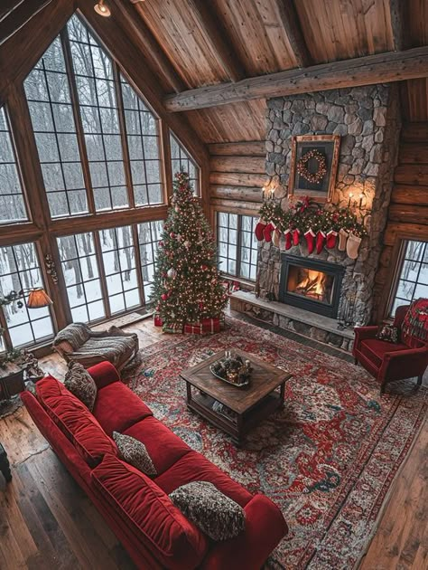 Log Cabin Library, Log Cabin Homes Interior, Log Mansion, Christmas Decorations Inside, Rustic Cabin Ideas, Bloxburg Cabin, Christmas Room Ideas, Log Cabin Living Room, Fantasy World Inspiration