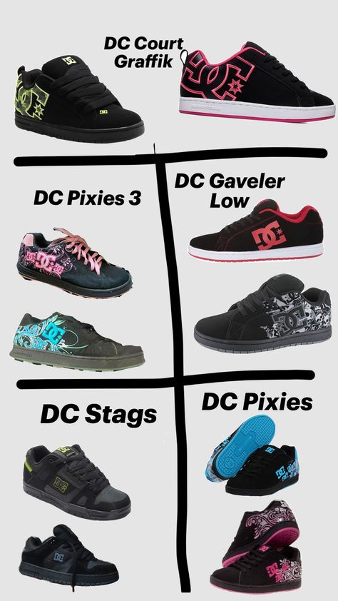 DC Shoes Models #dcshoes #courtgraffik #gavelerlow #stags #pixies #dcshoes #dcshoesusa Dc Shoes Women's Outfit, 2000s Dc Shoes, Outfits With Dc Shoes, Dc Shoes Outfit Women, Dcs Shoes, Dc Shoes Outfit, Stag Outfits, Dc Sneakers, Dc Skate Shoes