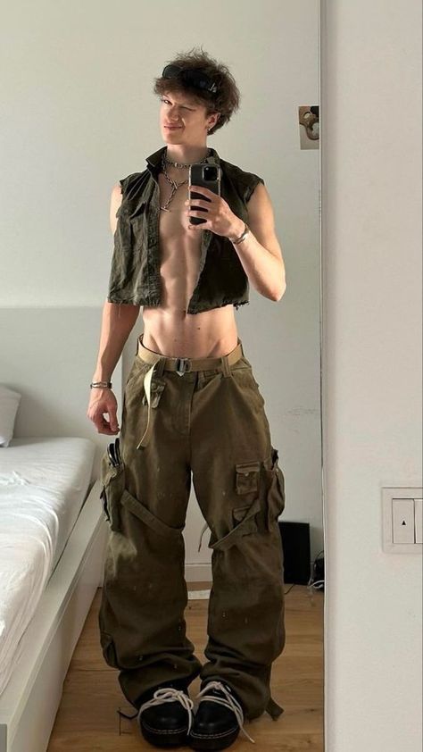 good quality jacket fits really well and hugs body so looks really nice Mode Queer, Cargo Pants Outfit Men, Crop Top Men, Gay Outfits, Green Pants Outfit, Cargo Outfit, Mens Crop Top, Pants Outfit Men, Cargo Pants Outfit