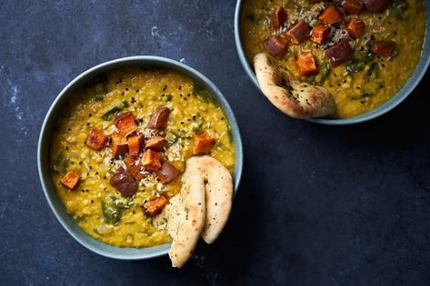 Black Daal Recipe, Spicy Dal, Anna Jones Recipes, Roasted Sweet Potato Cubes, Dhal Recipe, Anna Jones, Roasted Sweet Potato, Dal Recipe, Green Chutney