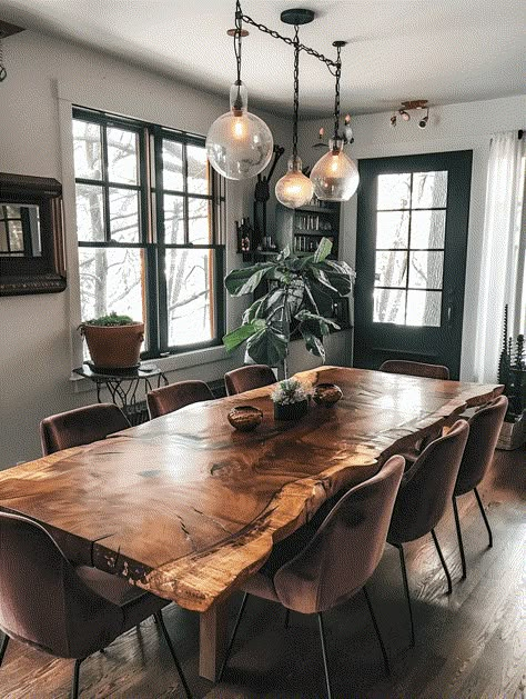 25 Rustic Dining Rooms To Inspire You Industrial Chic Dining Table, Live Edge Interior Design, Wooden Rustic Dining Table, Raw Wooden Table, Rustic Wooden Table Dining, Wood Rustic Table, Nature Dining Room, Dining Room Large Table, Cozy Cabin Dining Room