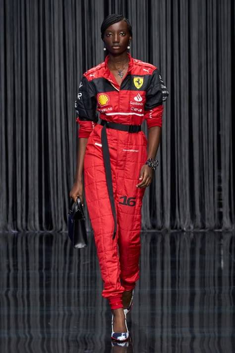 The Best Formula One-Inspired Runway Looks to “Push Push” Your Monaco Grand Prix Fits | Vogue Ferrari Race Suit, What To Wear To Formula 1 Race, Go Kart Racing Outfit, Ferrari Outfit Aesthetic, F1 Paddock Fashion, Ferrari Fashion Show, Paddock Fashion, Racing Magazine, Ferrari Aesthetic