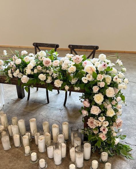 Wedding Table Garland Flowers, Sweetheart Table Hanging Flowers, Floral Arch Sweetheart Table, Cascading Sweetheart Table Arrangement, Sweetheart Table Ground Flowers, Sweetheart Table Garland, Sweetheart Table Floral Garland, Romantic Sweetheart Table, Wild Flower Sweetheart Table