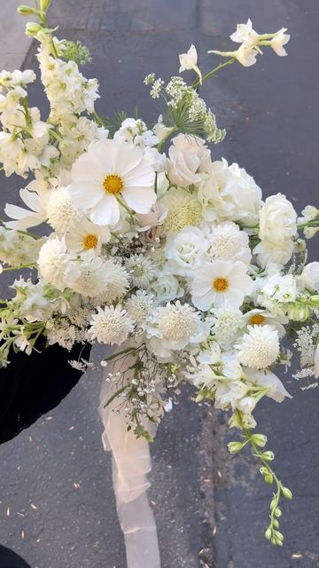 Whimsical Wedding Bouquet Romantic, Unique White Bouquet, Greenery Bride Bouquet, White September Flowers, Wildflower White Bouquet, White Whimsical Bridal Bouquet, White Summer Bouquet, French Garden Wedding Flowers, Fall White Bouquet