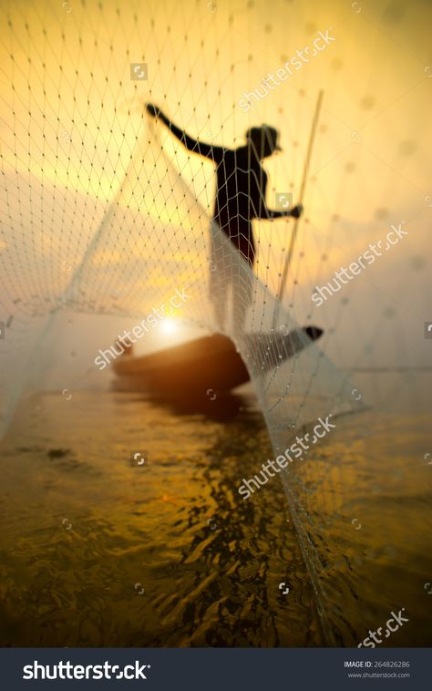 Silhouettes fisherman throwing fishing nets during sunset, Thailand. Sunset Thailand, Fishing Nets, Fishing, Thailand, Stock Photos, Fish, Illustrations