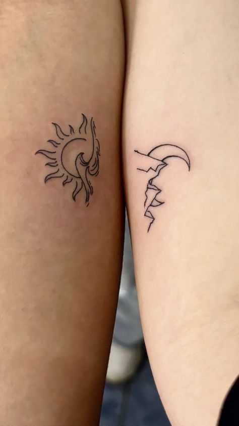 tattos Twin Sisters Tattoos, 2 Sibling Tattoos, Best Friend Opposite Tattoos, Polar Opposite Tattoos, Non Matching Tattoos, Opposites Tattoos, Matching Tattoos Brother And Sister, Best Friend Tattoos Unique, Cute Thigh Tattoos Women