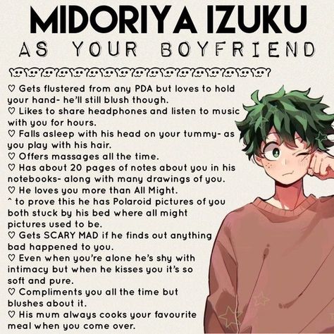 Deku Comforting You, Mha Headcanons Spicy Deku, Mha Boyfriend Headcanons, Bnha As Boyfriend, Deku As A Boyfriend Spicy, Mha Character Profiles, Mha Deku Headcanons, Izuku Midoriya X Yn, Izuku Midoriya As A Boyfriend