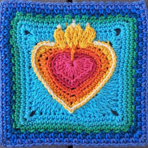 Square no. 3 for #grannysquareday 🔥❤️🔥 I made several sacred heart squares for my granny sampler blanket last year, and wrote notes for a… Crochet Sacred Heart, Indian Crochet Patterns, Granny Square Aesthetic, Sacred Heart Crochet Pattern, Sacred Heart Crochet, Random Granny Square Blanket, Angel Heart Granny Square, Love Heart Granny Square, Heart Grammy Square