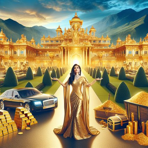 Bask in the splendor of a golden palace, nestled amid lush gardens, under a radiant blue sky. A wealthy man, swathed in luxury, proudly displays his opulence—gold bars, treasure chests, luxury cars. Experience prosperity like never before. Abundance awaits! #WealthManifestation #Luxury #Opulence #Prosperity #GoldenPalace #Abundance. Discover more about wealth manifestations [Here](insert link). Vision Board Poster, Abundance Images, Wealthy Man, Visualization Techniques, Golden Palace, Treasure Chests, Lucky Wallpaper, Money Vision Board, Wealth Abundance