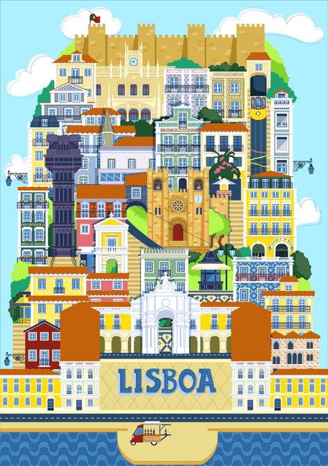 Lisbon-Poster-Animated.gif Lisbon Tram, Empty Canvas, Vintage Poster Design, Tourist Map, Flower Painting Canvas, City Illustration, Art Deco Posters, Vintage Postage, Portugal Travel