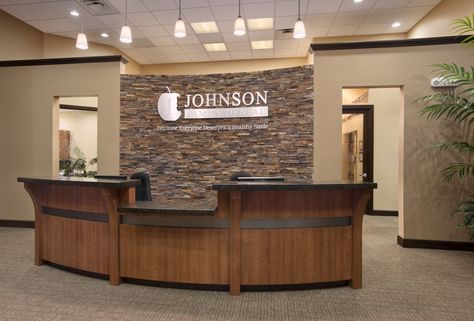 Reception Area | Design Ergonomics Inc. Office Front Desk, Front Desk Design, Chiropractic Office Design, Reception Area Design, Dental Office Ideas, Chiro Office, Office Reception Design, Contemporary Office Design, Office Reception Area