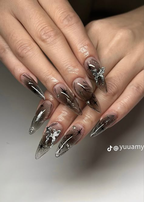 Nails With Stars, Nagel Tips, Nail Type, Manicure Diy, Fake Nails With Glue, Y2k Nails, Nails Set, Almond Nail, Diamond Nails