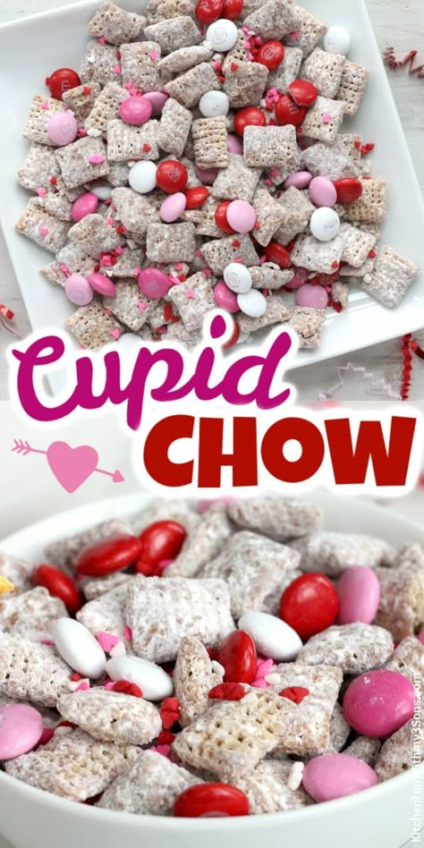 This Valentine Puppy Chow recipe is perfect for Valentine's Day because it's packed with pink and red M&M's and lots of sprinkles. #recipes Valentine's Day Snacks For Adults, Snacks For Valentines Day For Kids, Valentines Muddy Buddy Puppy Chow, Cupid Crunch Recipe, Valentines Puppy Chow Chex Mix Recipe, Valentines Chex Mix Recipes Easy, Valentine Treats For School Party, Homemade Valentines Snacks, Valentine Chex Mix Recipes Puppy Chow