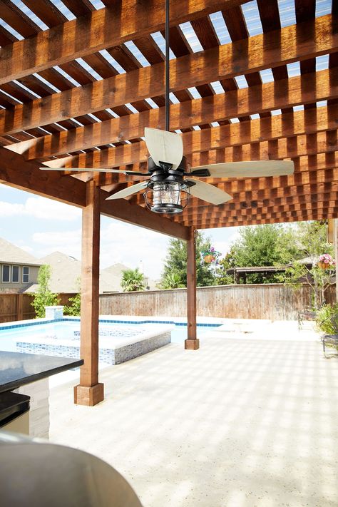 Pergola Ceiling Fan, Patio Fan Ideas, Outdoor Fans Ceiling Covered Patios, Outdoor Ceiling Fans Covered Patios, Outside Gazebo, Master Patio, Patio Fan, Outside Seating Area, Pool House Designs