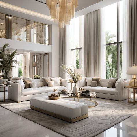 White interior design elements in this living room reflect a modern simplicity that’s effortlessly chic. Formal Living Room Designs, Fancy Living Rooms, High Ceiling Living Room, Classy Bedroom, Living Room Ceiling, White Living, White Living Room, Contemporary Luxury, Design Living Room