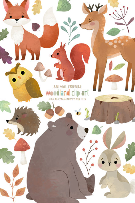 Woodland animal clipart Woodland Animals Illustration, Forest Animals Illustration, Animal Illustration Kids, Woodland Illustration, Wood Illustration, Forest Drawing, Winter Art Projects, Animal Illustration Art, Forest Illustration