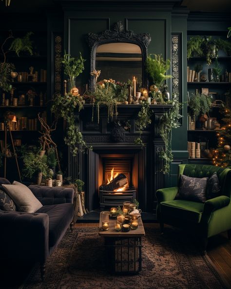 Forest Witch Living Room, Whimsigoth House, Moody Forest, Moody Living Room, Gothic Boho, Dark Acadamia, Moody Decor, Dark Living Rooms, Forest Witch