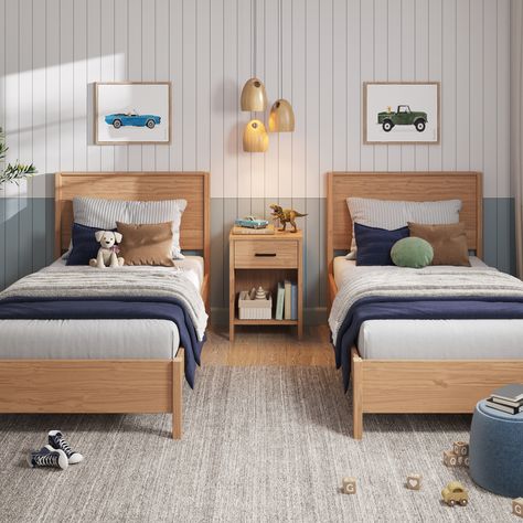 Kids Wood Bed Frame, Two Twin Bed Guest Room, Two Twin Beds In One Room Boys, Kids Bedroom Two Beds, Double Twin Bed Ideas For Small Room, Kids Room Twin Beds, Boys Room Two Beds, Natural Wood Twin Bed, Single Twin Bedroom Ideas